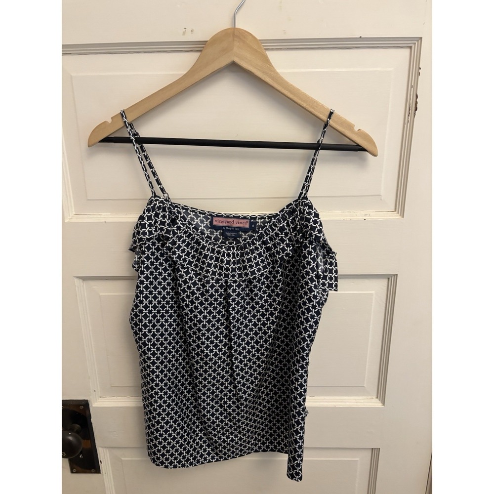 Vineyard Vines Women's Navy Lattice Rings Print Silk Tank Top Ruffle Size 8